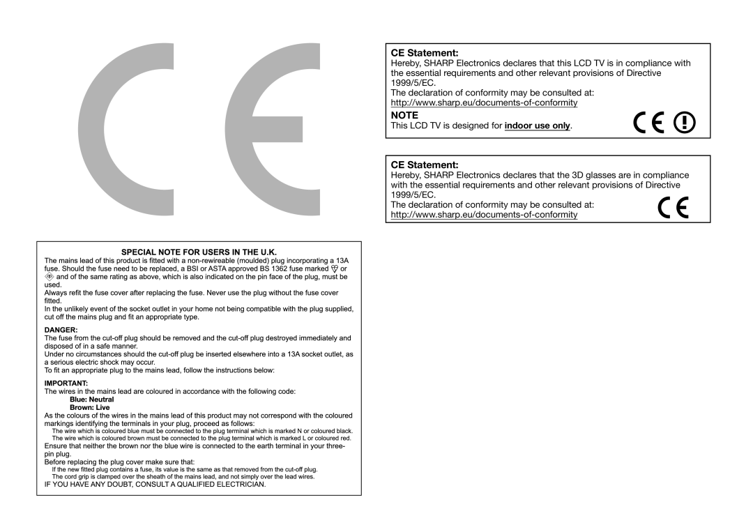 Sharp LC-60UHD80R, LC-70UHD80R operation manual CE Statement 