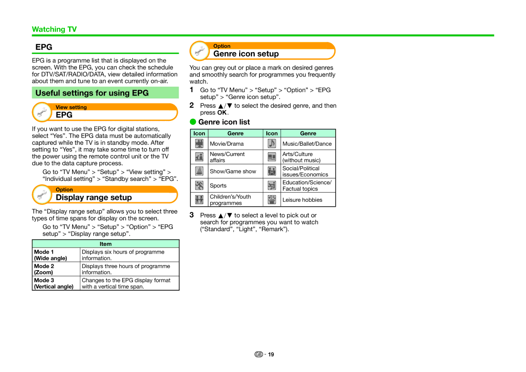 Sharp LC-70UHD80R Useful settings for using EPG, Display range setup, Genre icon setup, Genre icon list, Icon Genre 