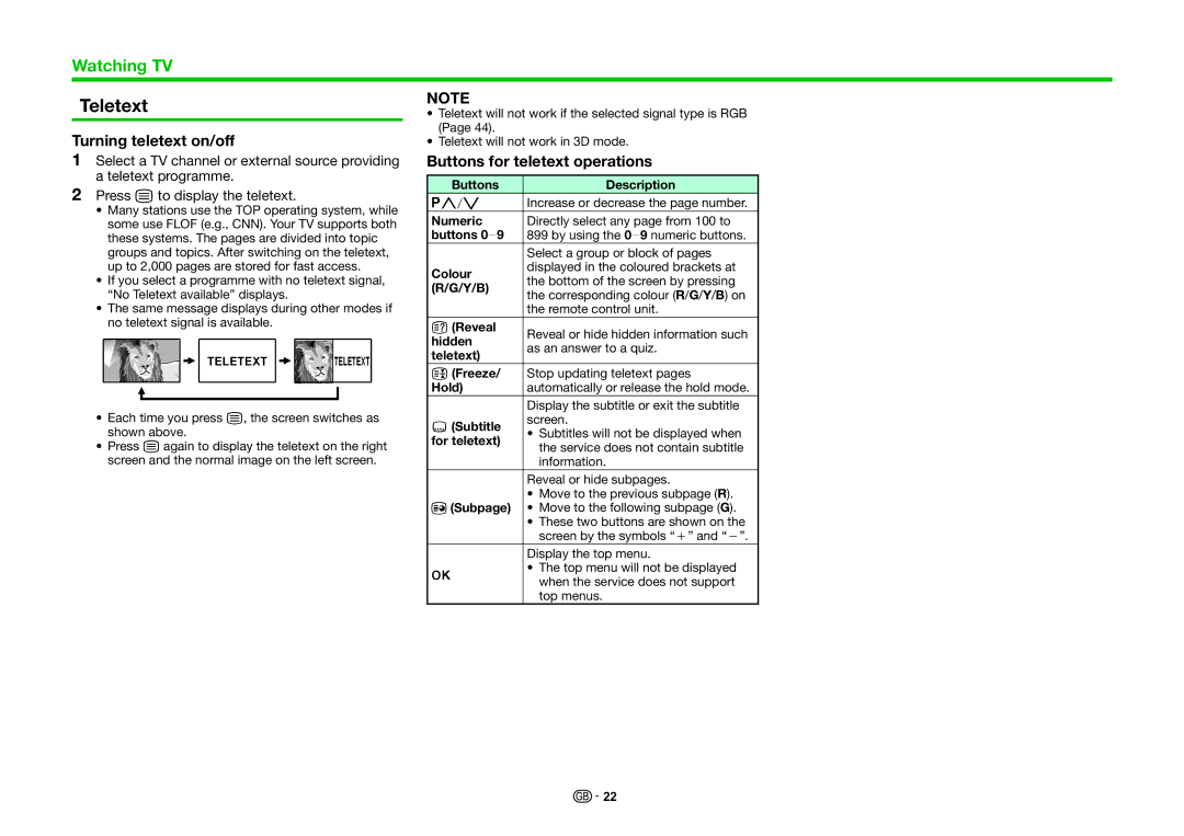 Sharp LC-60UHD80R, LC-70UHD80R operation manual Teletext, Turning teletext on/off, Buttons for teletext operations 