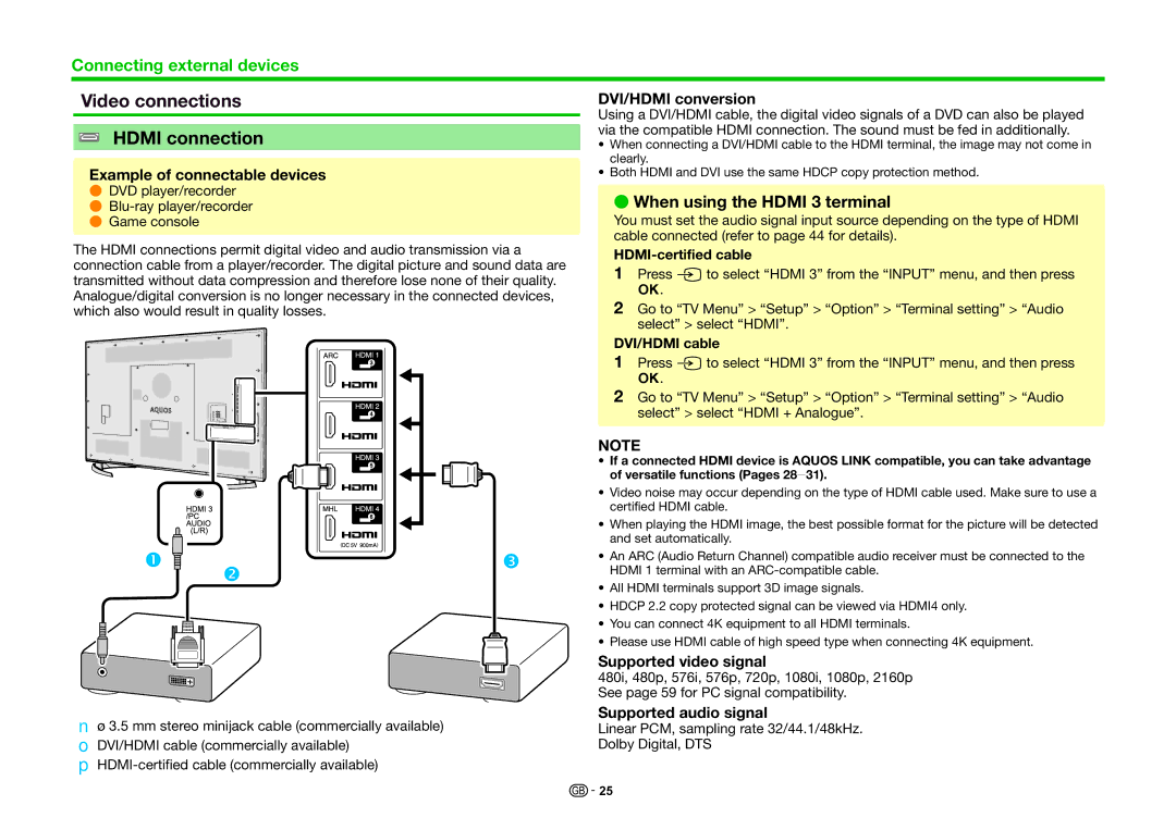 Sharp LC-70UHD80R, LC-60UHD80R operation manual Video connections Hdmi connection, When using the Hdmi 3 terminal 