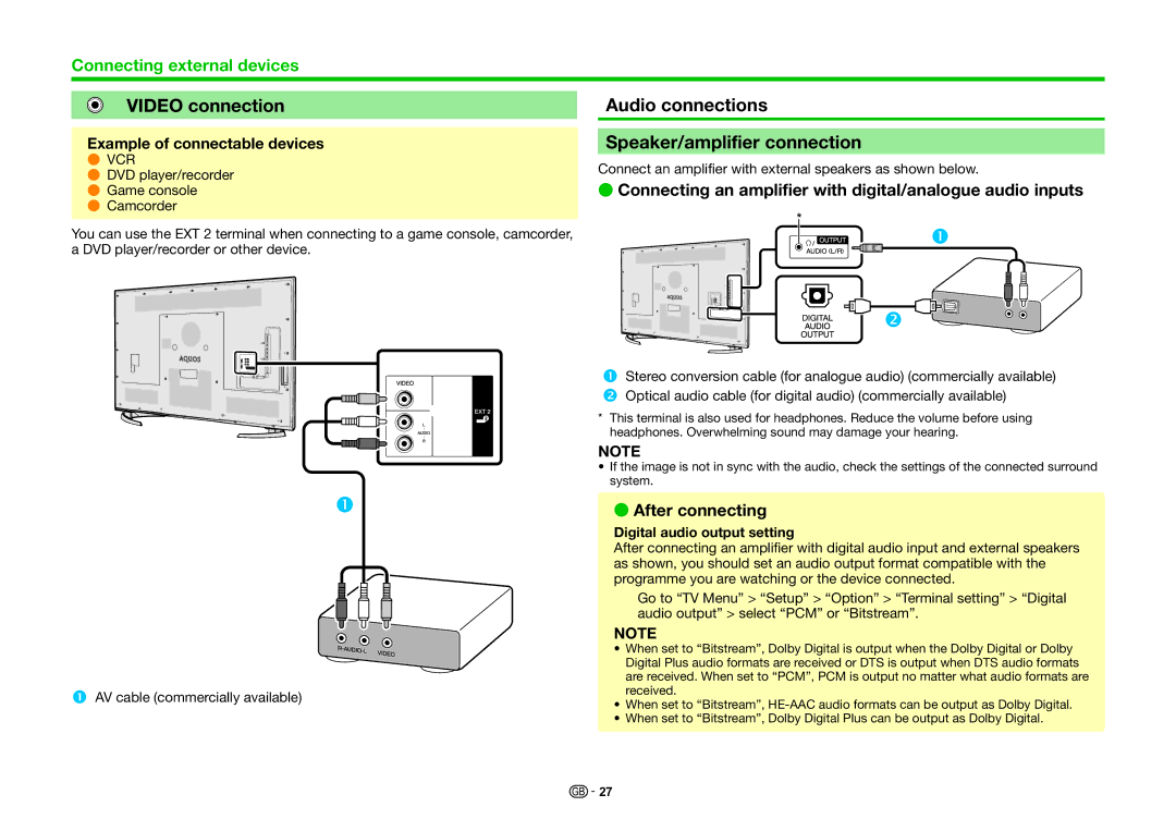 Sharp LC-70UHD80R, LC-60UHD80R Video connection, Audio connections Speaker/amplifier connection, After connecting 