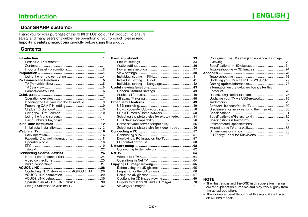 Sharp LC-70UHD80R, LC-60UHD80R operation manual Introduction, Dear Sharp customer, Contents 