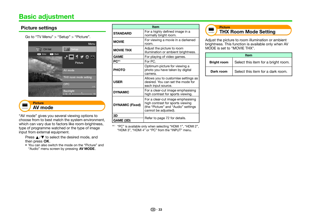 Sharp LC-70UHD80R, LC-60UHD80R operation manual Basic adjustment, Picture settings, AV mode, THX Room Mode Setting 