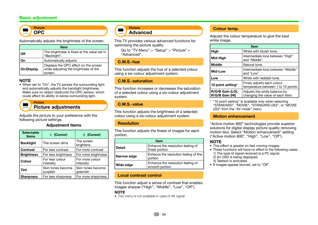 Sharp LC-60UHD80R, LC-70UHD80R operation manual Picture adjustments, Advanced 