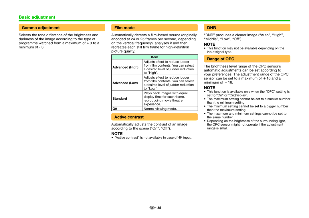 Sharp LC-70UHD80R, LC-60UHD80R operation manual Gamma adjustment, Film mode, Active contrast, Range of OPC 