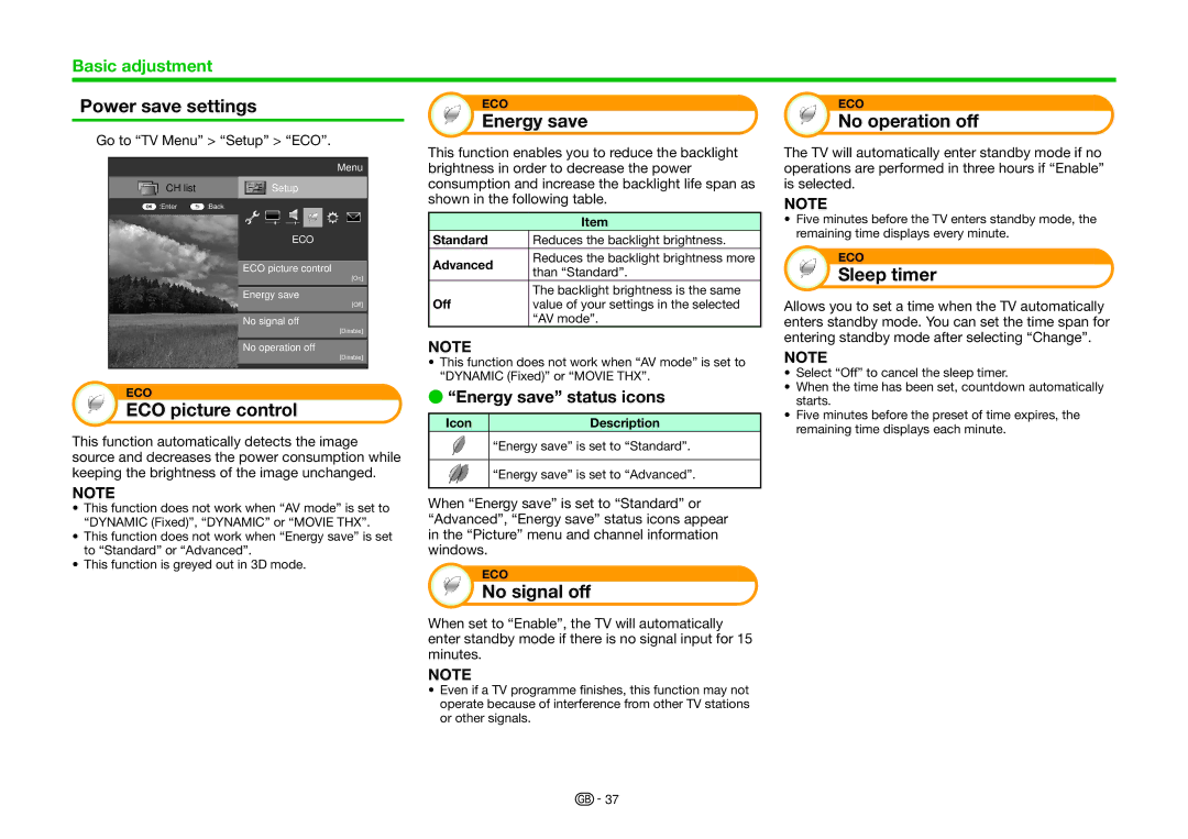 Sharp LC-70UHD80R Power save settings, ECO picture control, Energy save, No signal off, No operation off, Sleep timer 