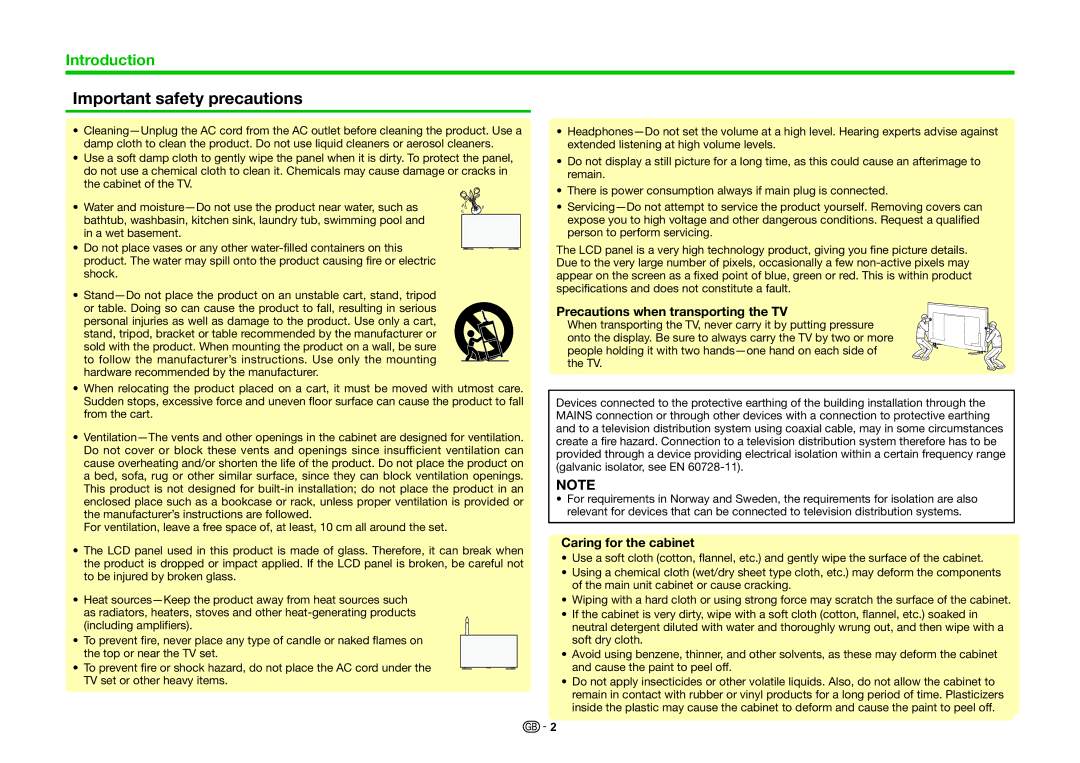 Sharp LC-60UHD80R, LC-70UHD80R Important safety precautions, Precautions when transporting the TV, Caring for the cabinet 