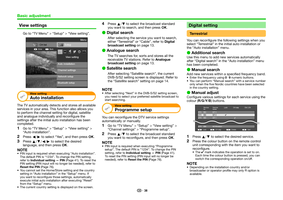 Sharp LC-60UHD80R, LC-70UHD80R operation manual View settings, Digital setting, Auto installation, Programme setup 