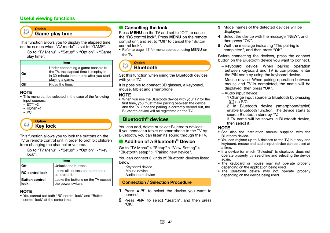 Sharp LC-70UHD80R, LC-60UHD80R operation manual Game play time, Key lock, Bluetooth devices 