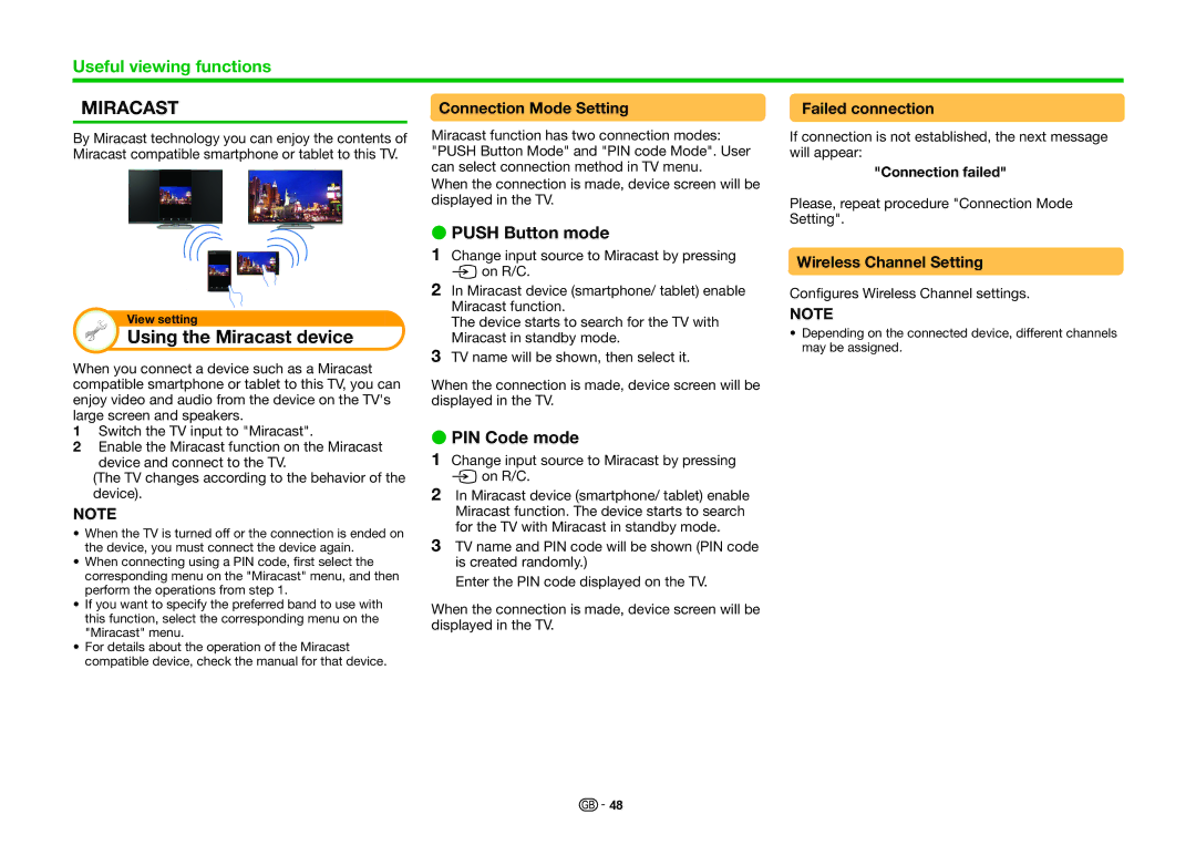 Sharp LC-60UHD80R, LC-70UHD80R operation manual Using the Miracast device, Push Button mode, PIN Code mode 