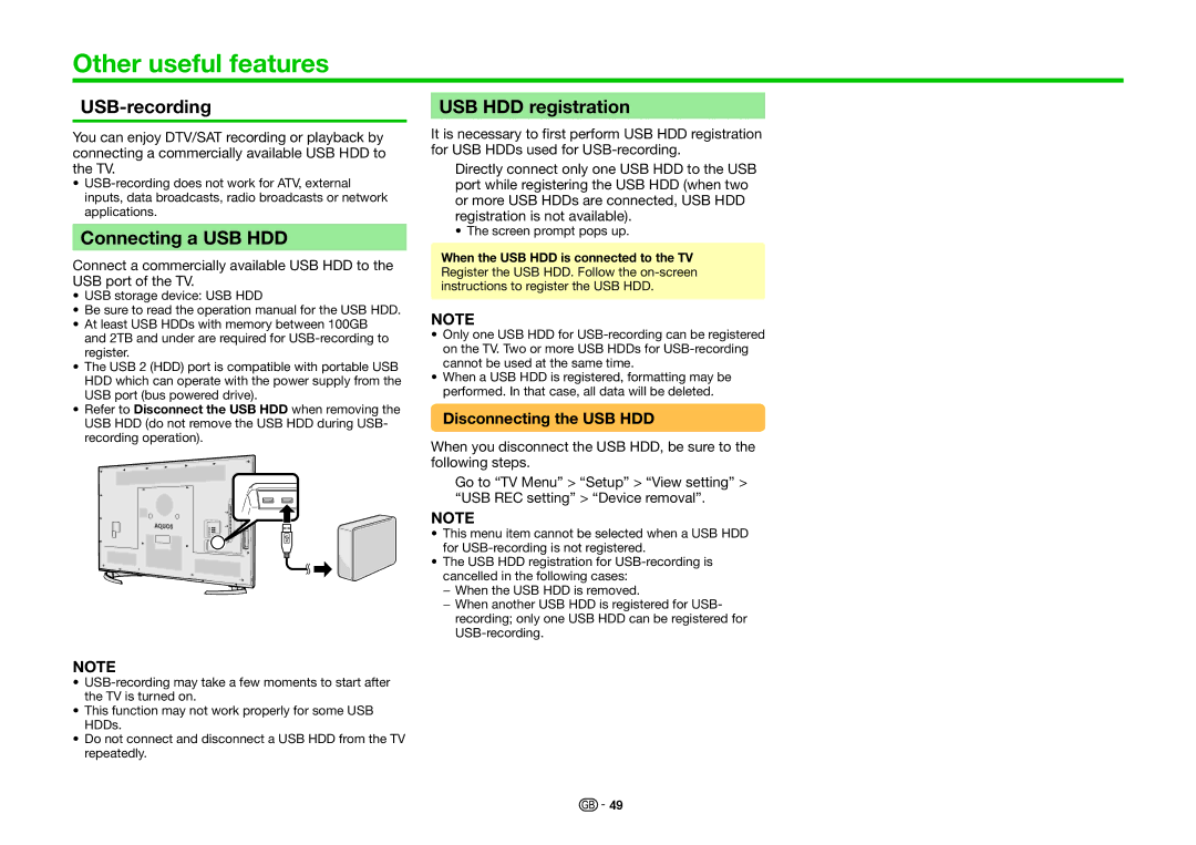 Sharp LC-70UHD80R, LC-60UHD80R Other useful features, USB-recording, Connecting a USB HDD, USB HDD registration 