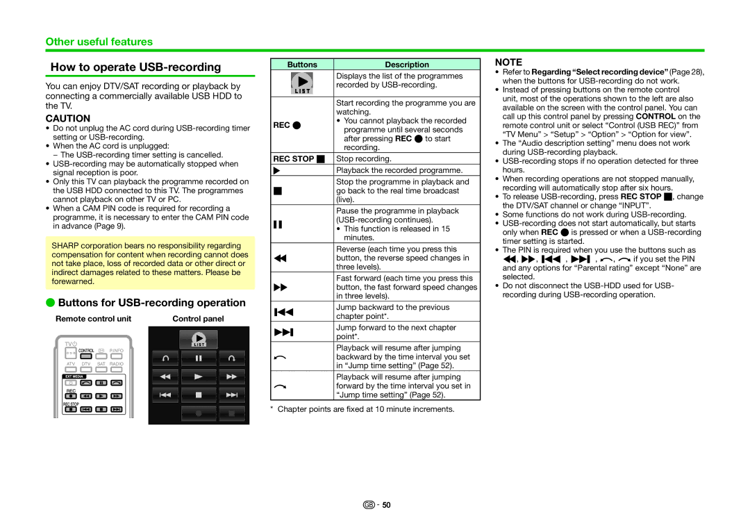 Sharp LC-60UHD80R, LC-70UHD80R How to operate USB-recording, Buttons for USB-recording operation, Rec E, REC Stop H 