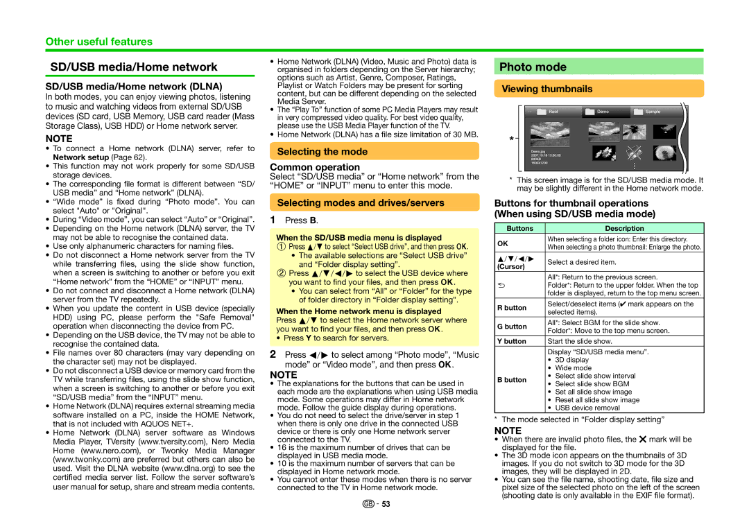 Sharp LC-70UHD80R, LC-60UHD80R operation manual SD/USB media/Home network, Photo mode 