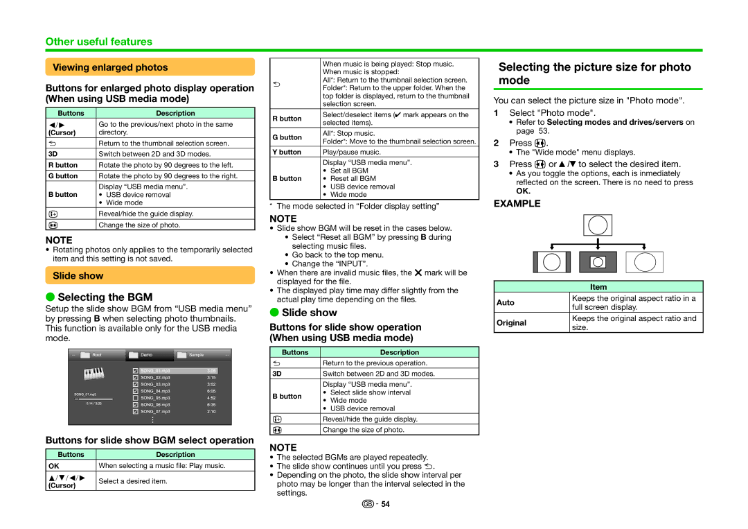 Sharp LC-60UHD80R, LC-70UHD80R operation manual Selecting the picture size for photo mode, Selecting the BGM, Slide show 