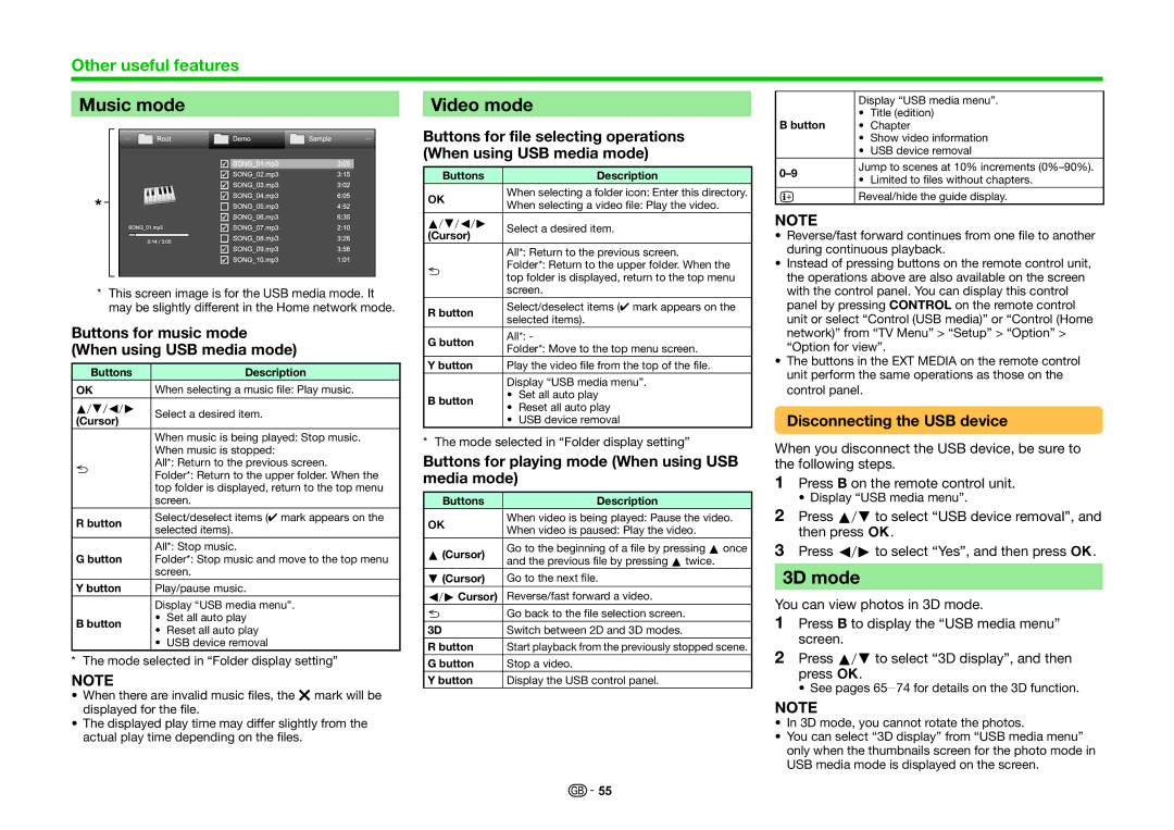 Sharp LC-70UHD80R, LC-60UHD80R operation manual Music mode, Video mode, 3D mode 