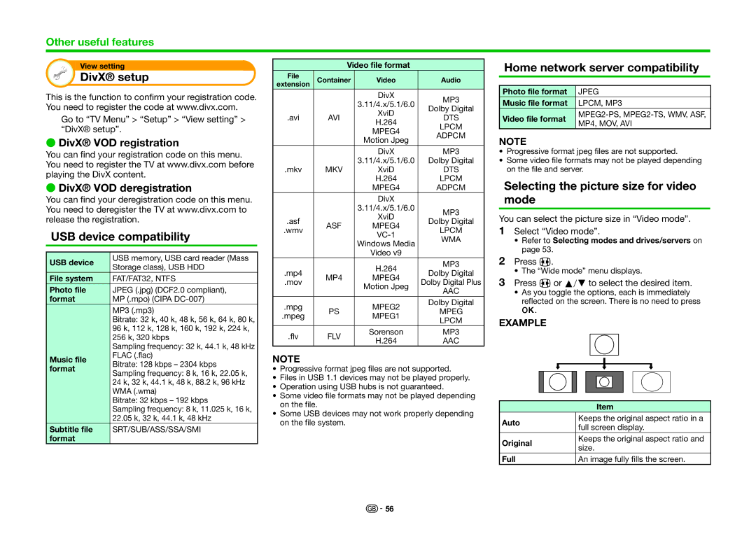 Sharp LC-60UHD80R, LC-70UHD80R operation manual DivX setup, USB device compatibility, Home network server compatibility 