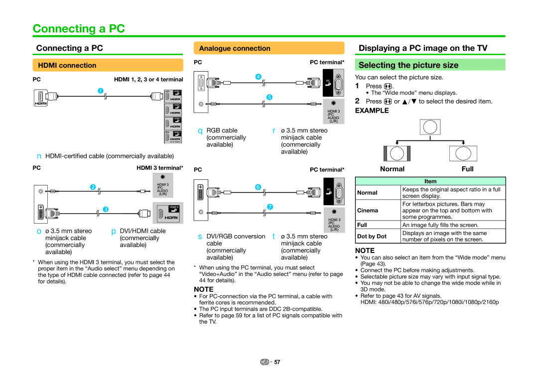 Sharp LC-70UHD80R, LC-60UHD80R Connecting a PC, Displaying a PC image on the TV Selecting the picture size, Normal Full 