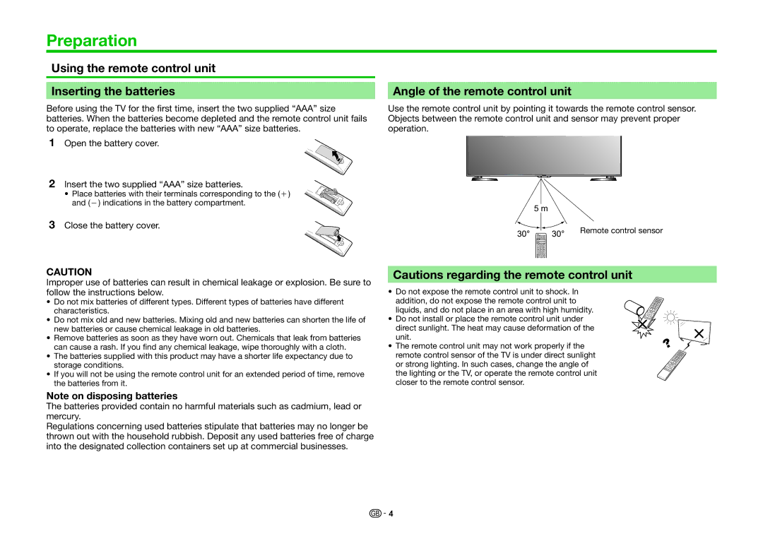 Sharp LC-60UHD80R Preparation, Using the remote control unit Inserting the batteries, Angle of the remote control unit 