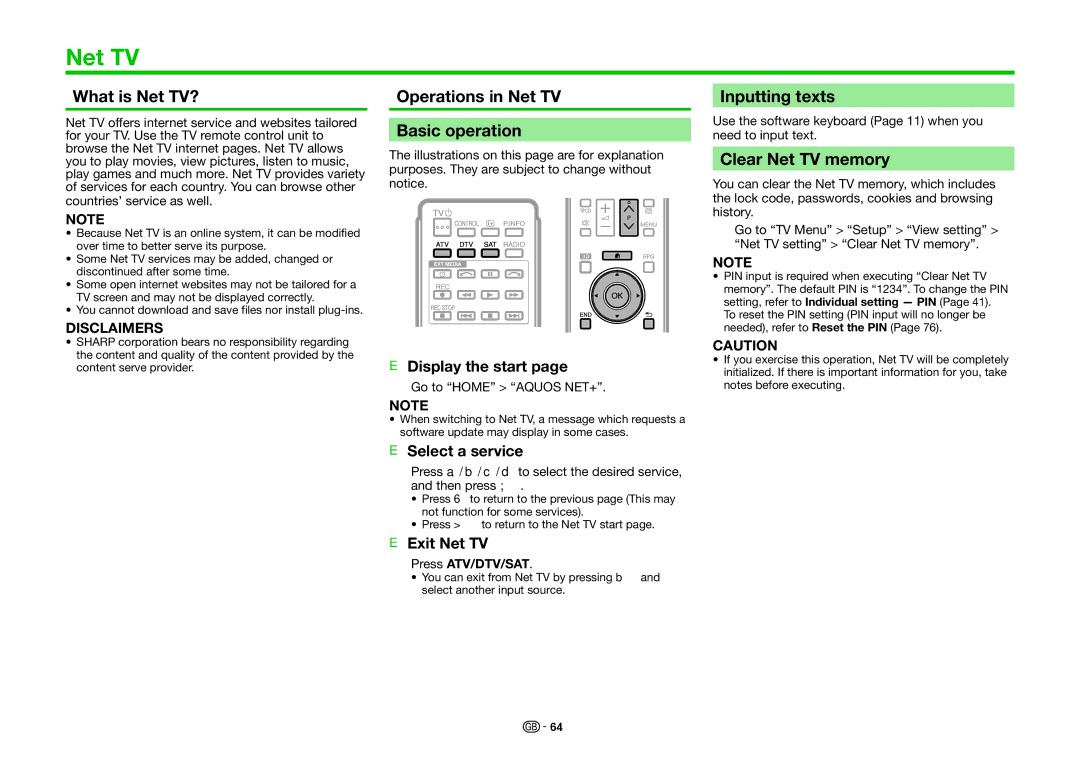 Sharp LC-60UHD80R What is Net TV?, Operations in Net TV Basic operation, Inputting texts, Clear Net TV memory 