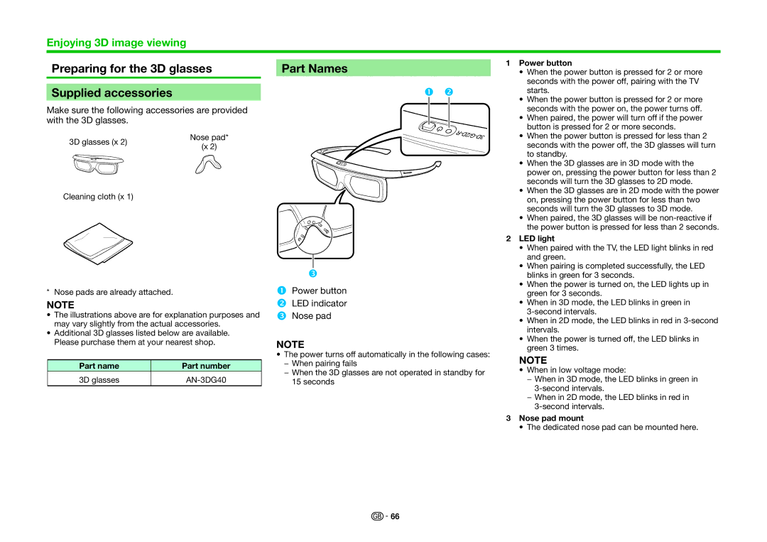 Sharp LC-60UHD80R, LC-70UHD80R operation manual Preparing for the 3D glasses Supplied accessories, Part Names 