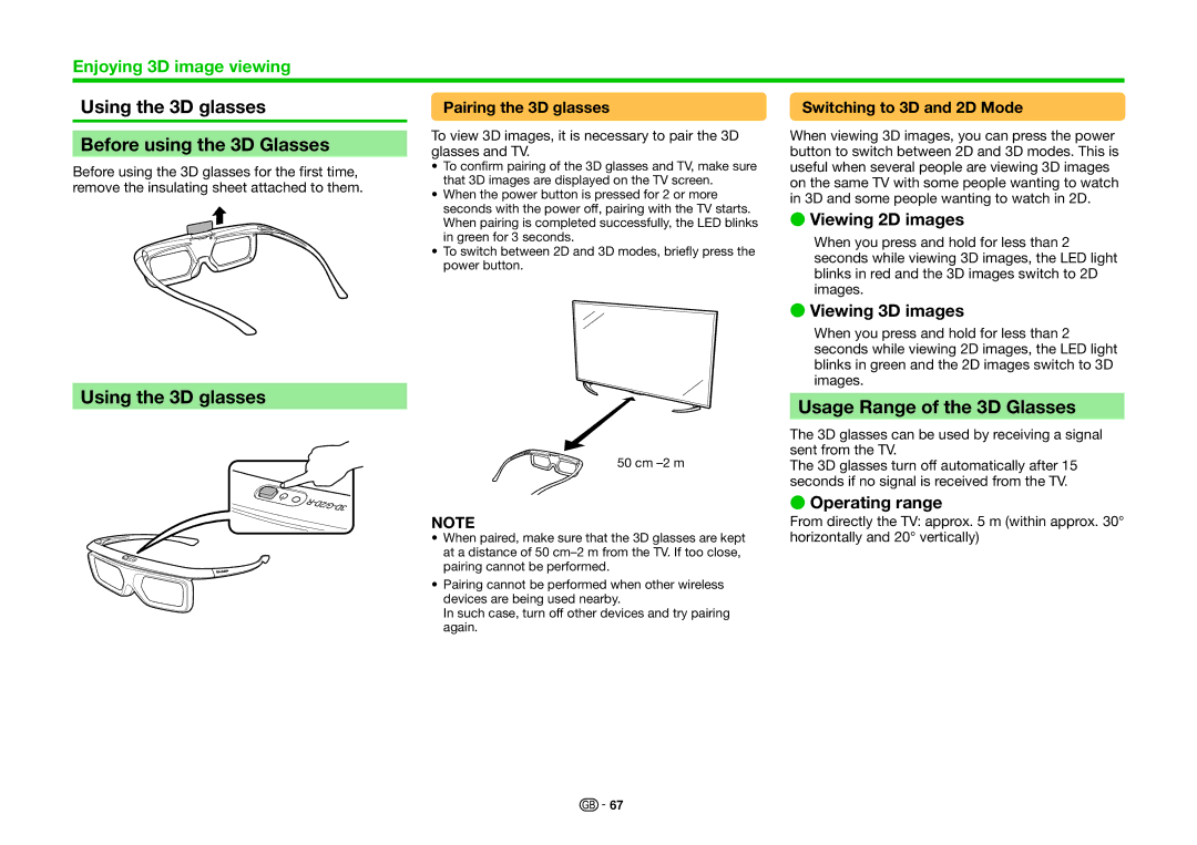 Sharp LC-70UHD80R, LC-60UHD80R Using the 3D glasses Before using the 3D Glasses, Usage Range of the 3D Glasses 