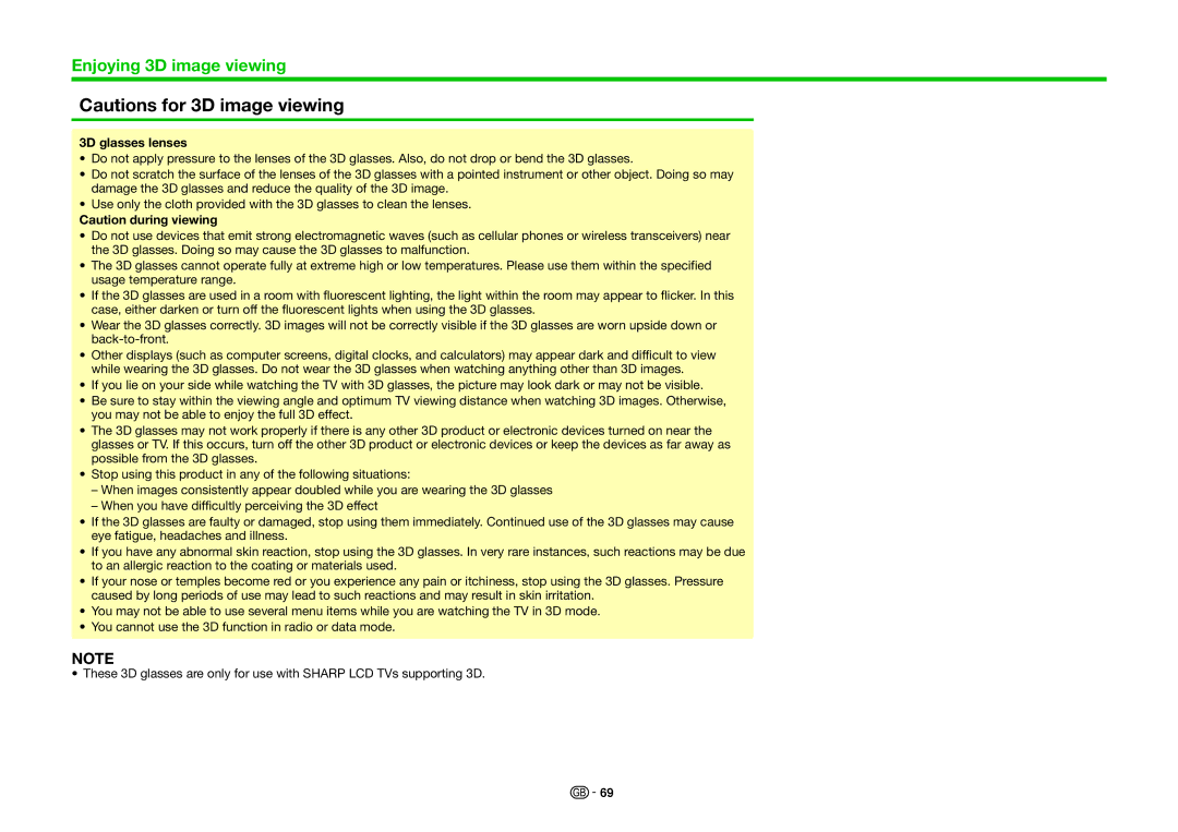Sharp LC-70UHD80R, LC-60UHD80R operation manual 3D glasses lenses 