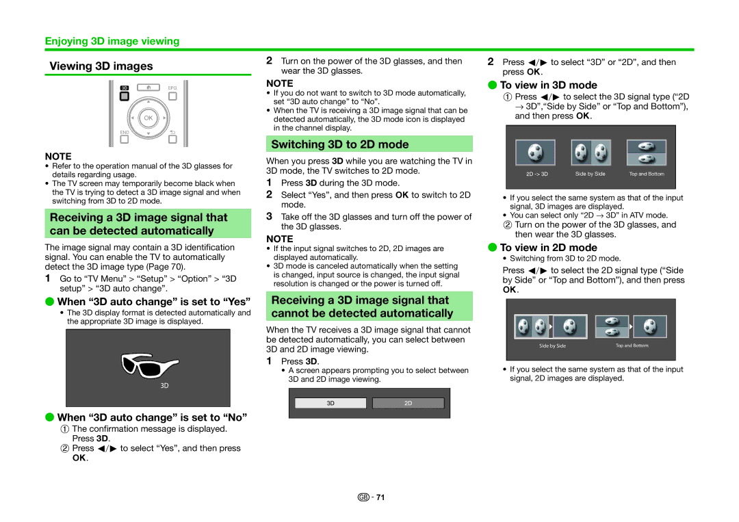 Sharp LC-70UHD80R, LC-60UHD80R operation manual Viewing 3D images, Switching 3D to 2D mode, Receiving a 3D image signal that 