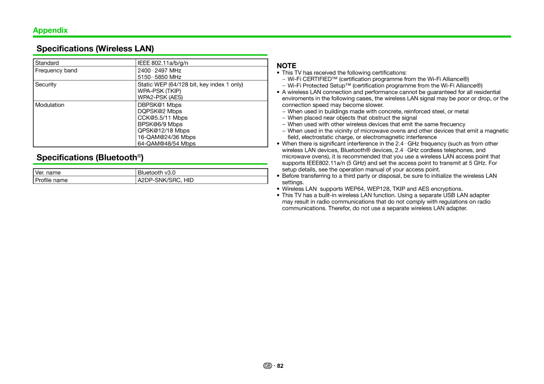 Sharp LC-60UHD80R, LC-70UHD80R operation manual Specifications Wireless LAN, Specifications Bluetooth 