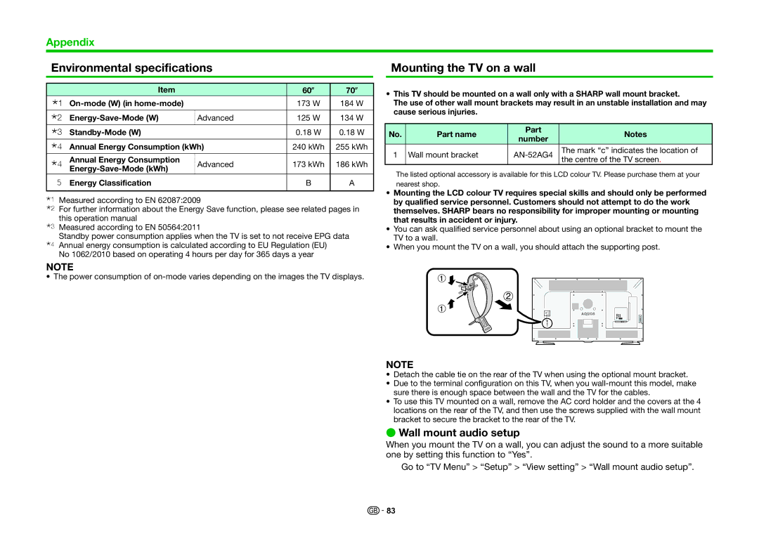 Sharp LC-70UHD80R, LC-60UHD80R Environmental specifications, Mounting the TV on a wall, Wall mount audio setup 