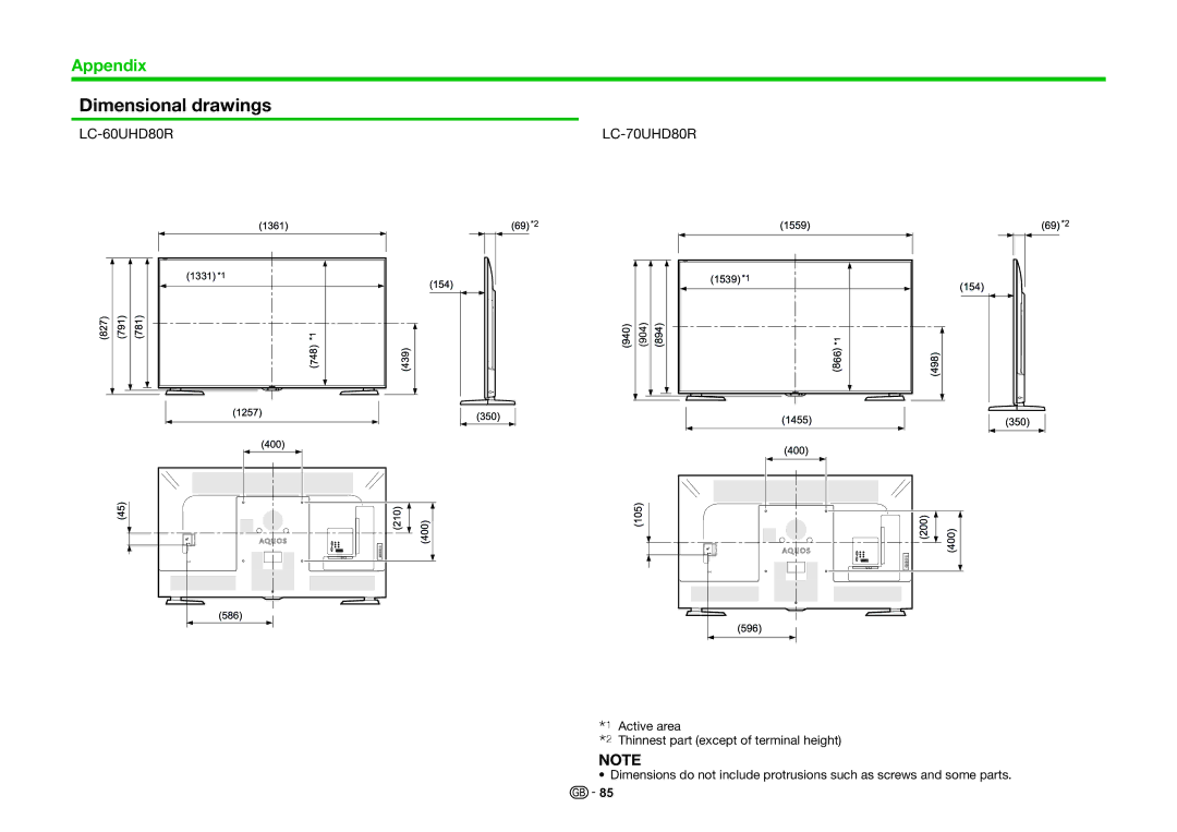 Sharp operation manual Dimensional drawings, LC-60UHD80R LC-70UHD80R 