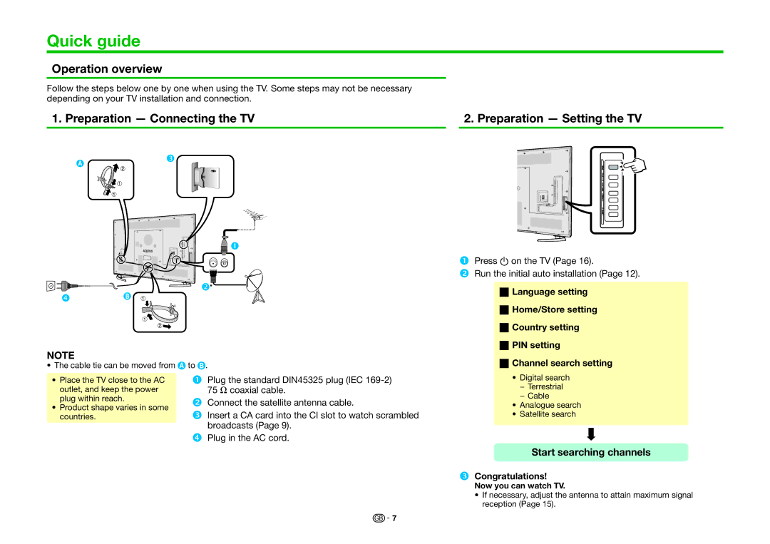 Sharp LC-70UHD80R, LC-60UHD80R Quick guide, Operation overview, Preparation Connecting the TV Preparation Setting the TV 