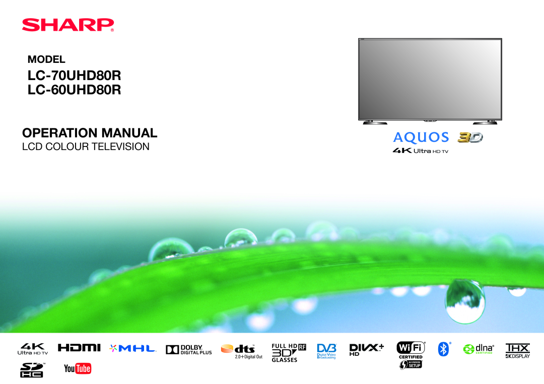 Sharp operation manual LC-70UHD80R LC-60UHD80R, Operation Manual, Model, Lcd Colour Television 