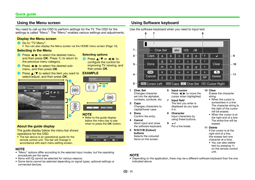 Sharp LC-70UHD80R Using the Menu screen, Using Software keyboard, Display the Menu screen, Selecting in the Menu, Example 