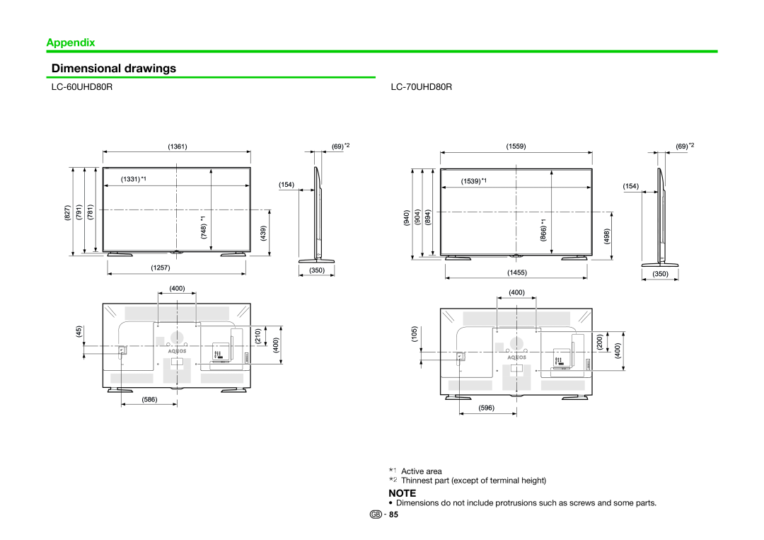 Sharp LC-70UHD80R operation manual Dimensional drawings, Appendix, LC-60UHD80R 