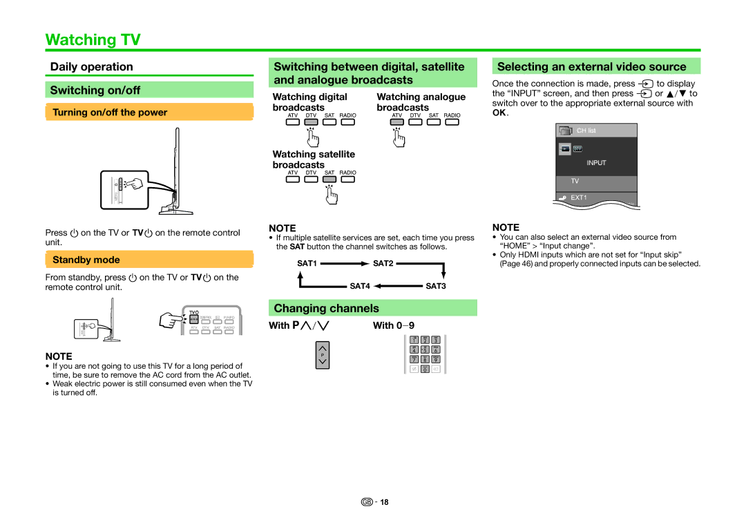 Sharp LC-60UQ10EN Watching TV, Selecting an external video source, Changing channels, Standby mode, With r/s 