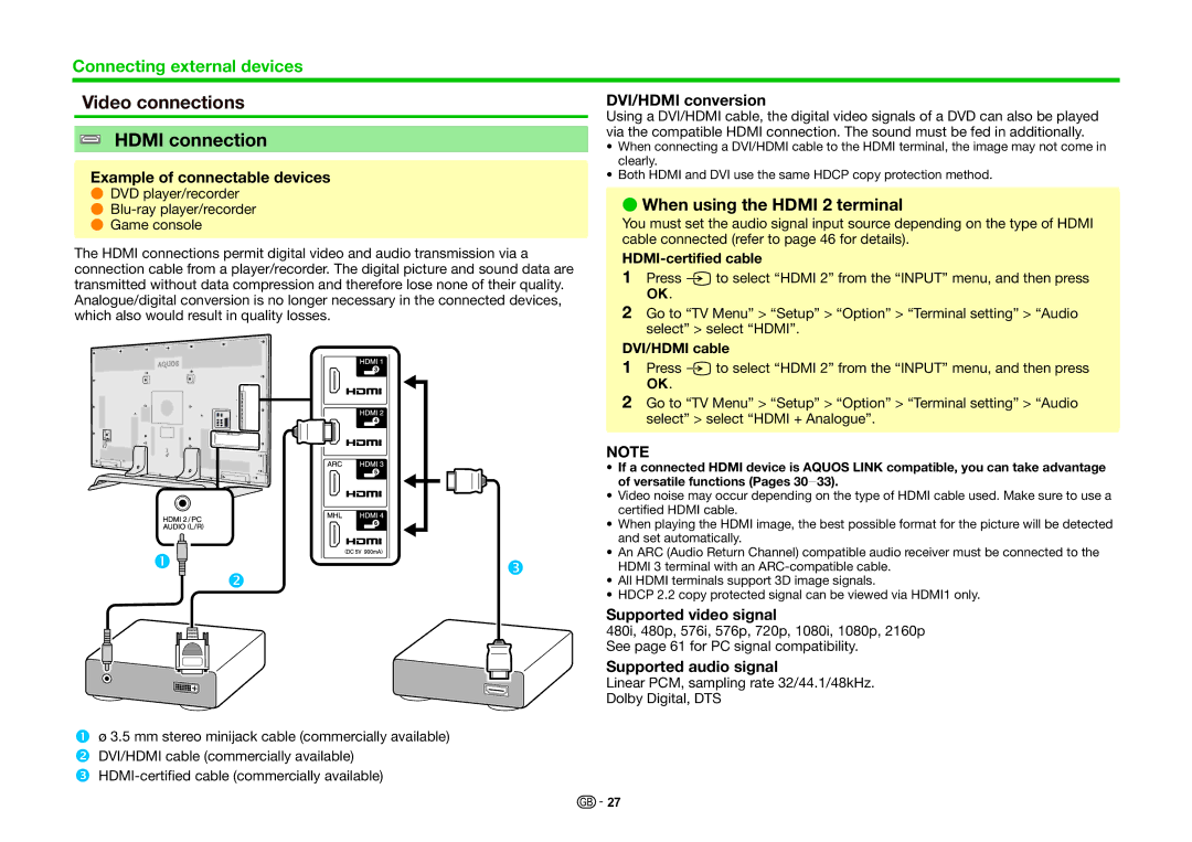 Sharp LC-60UQ10EN, LC-60UQ10KN, LC-80UQ10KN, LC-80UQ10E Video connections Hdmi connection, When using the Hdmi 2 terminal 