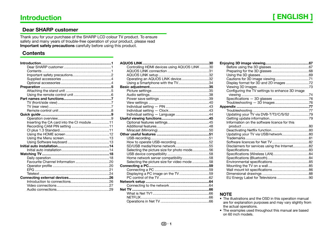 Sharp LC-80UQ10KN, LC-60UQ10EN, LC-60UQ10KN, LC-70UQ10KN, LC-80UQ10EN Introduction, Dear Sharp customer, Contents 