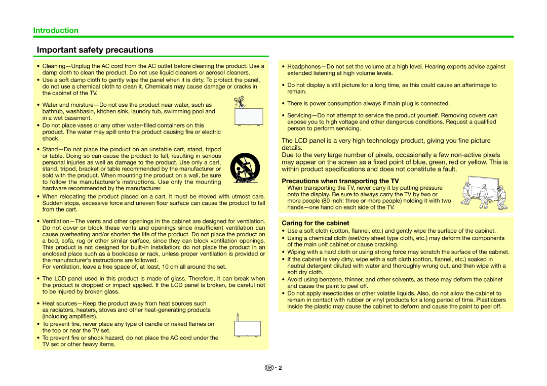 Sharp LC-70UQ10KN, LC-60UQ10EN Important safety precautions, Precautions when transporting the TV, Caring for the cabinet 