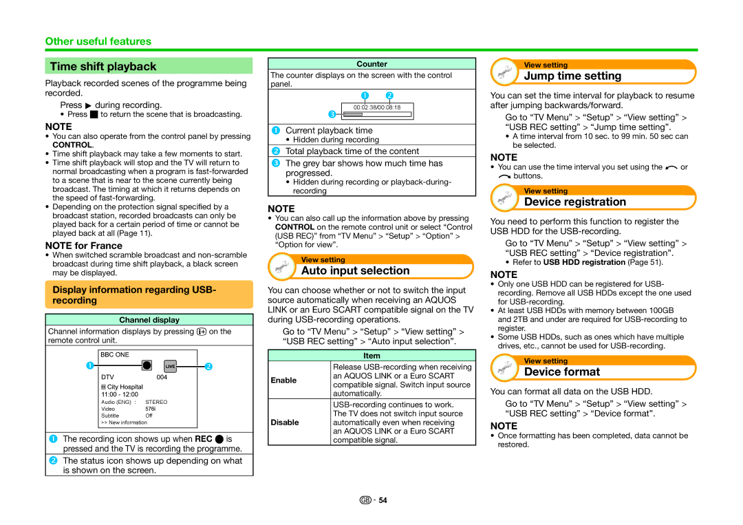 Sharp LC-60UQ10E Time shift playback, Auto input selection, Jump time setting, Device registration, Device format 