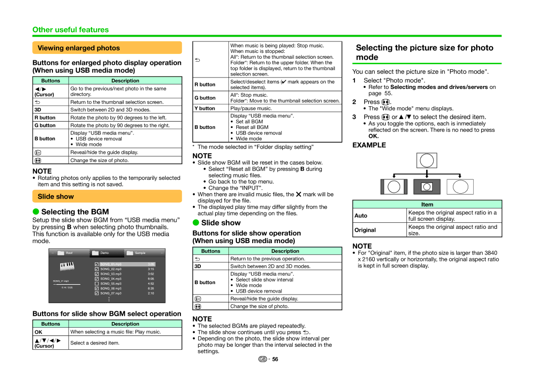 Sharp LC-70UQ10KN, LC-60UQ10EN, LC-60UQ10KN Selecting the picture size for photo mode, Selecting the BGM, Slide show 