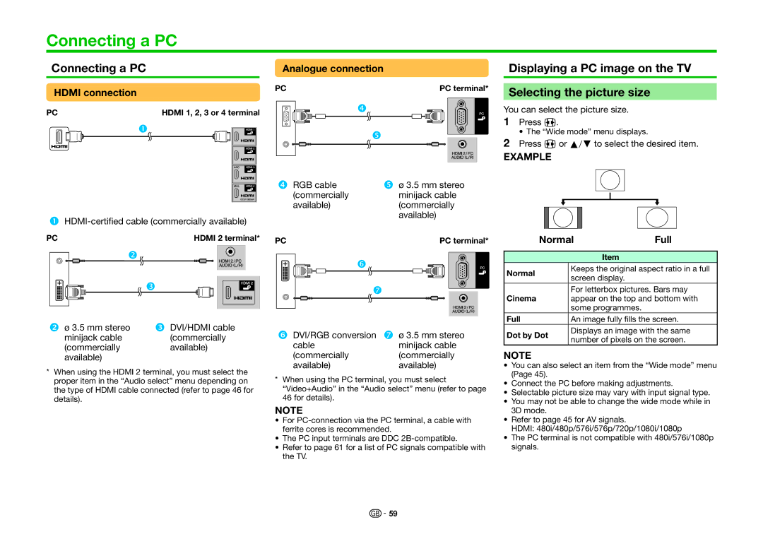 Sharp LC-70UQ10E, LC-60UQ10EN Connecting a PC, Displaying a PC image on the TV Selecting the picture size, Normal Full 