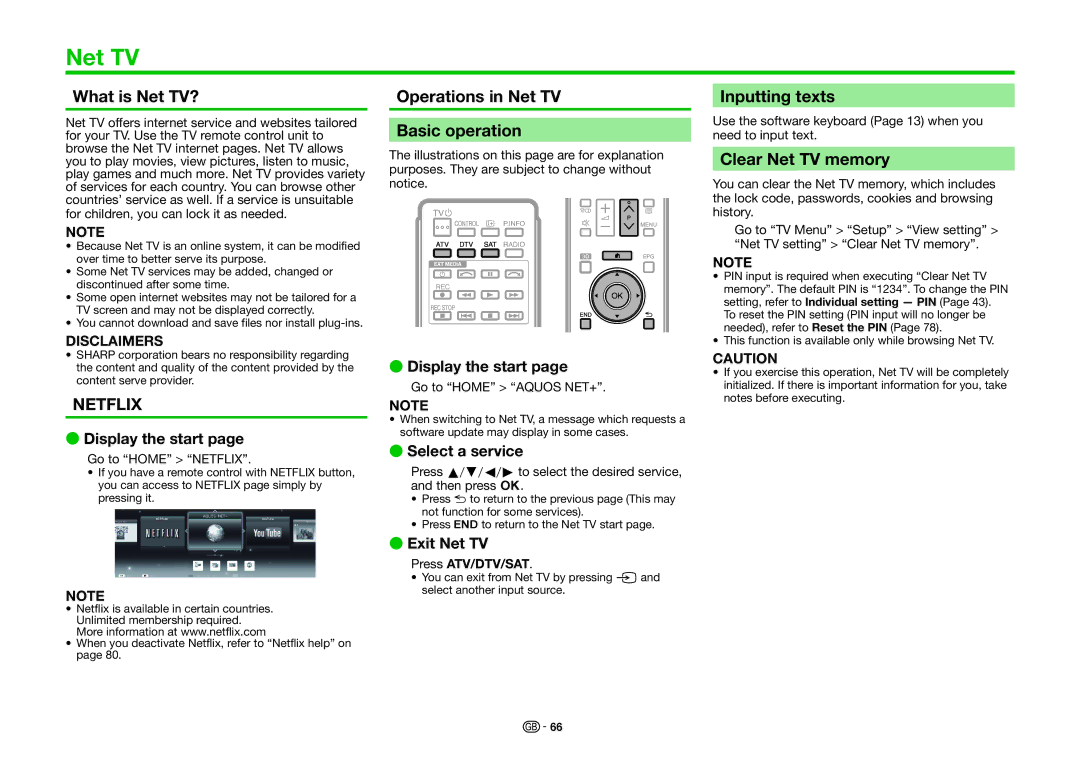 Sharp LC-80UQ10E What is Net TV?, Operations in Net TV Basic operation, Inputting texts, Clear Net TV memory 