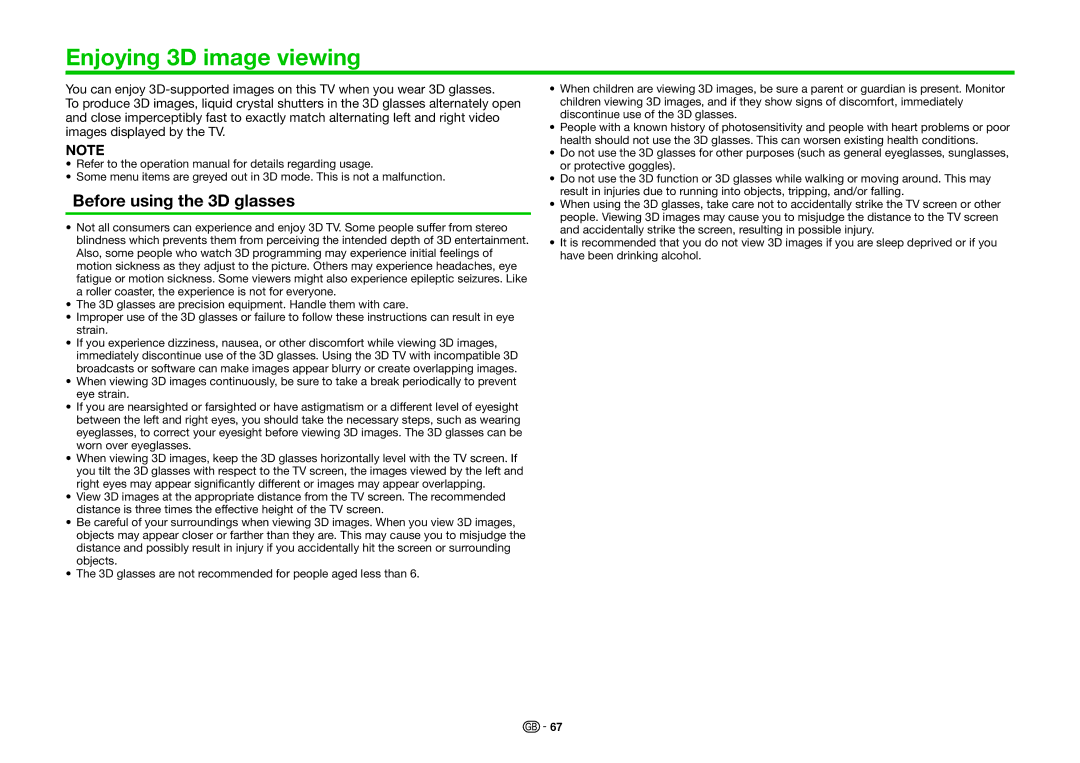 Sharp LC-80UQ10EN, LC-60UQ10EN, LC-60UQ10KN, LC-80UQ10KN, LC-70UQ10KN Enjoying 3D image viewing, Before using the 3D glasses 