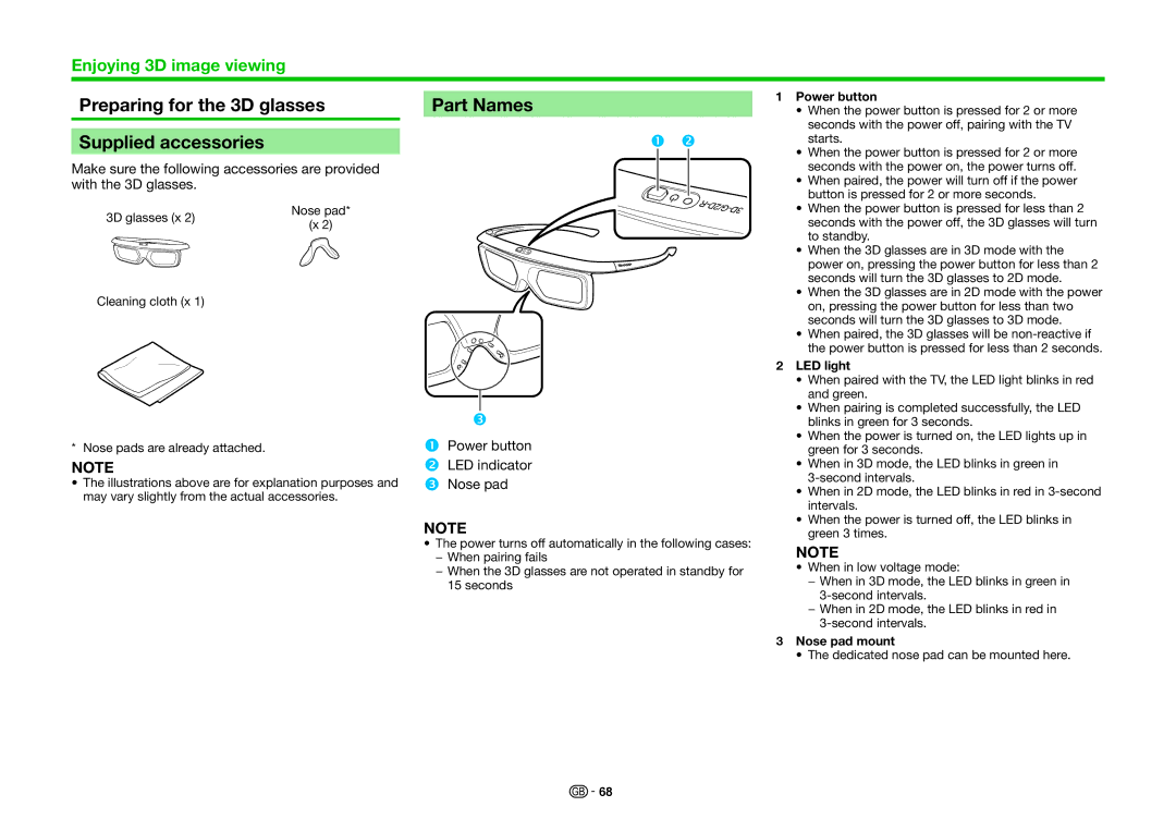 Sharp LC-70UQ10E Preparing for the 3D glasses Supplied accessories, Part Names, Power button, LED light, Nose pad mount 