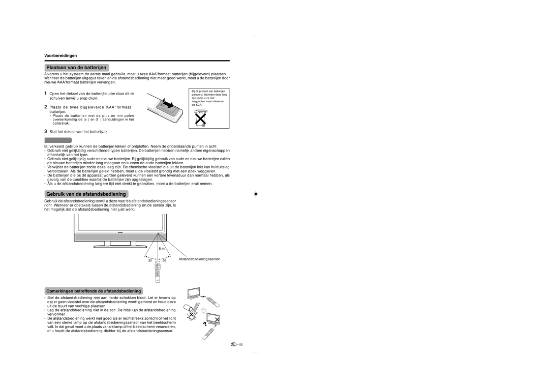 Sharp LC-65GD1E Plaatsen van de batterijen, Gebruik van de afstandsbediening, Opmerkingen betreffende de afstandsbediening 