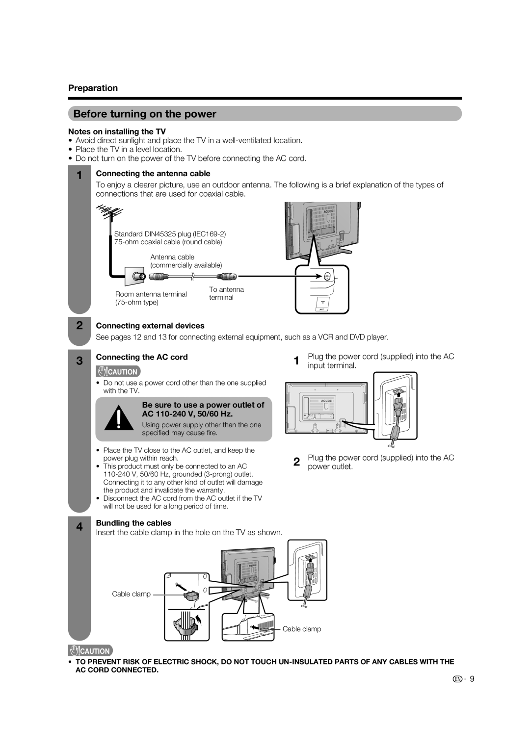 Sharp LC-65RX1X Before turning on the power, Connecting the antenna cable, Connecting the AC cord, Bundling the cables 