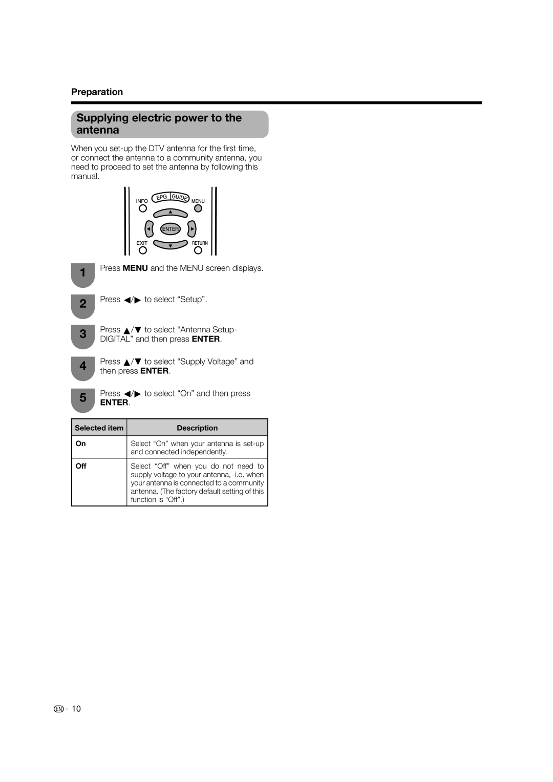 Sharp LC-65RX1X operation manual Supplying electric power to the antenna, Description, Off 