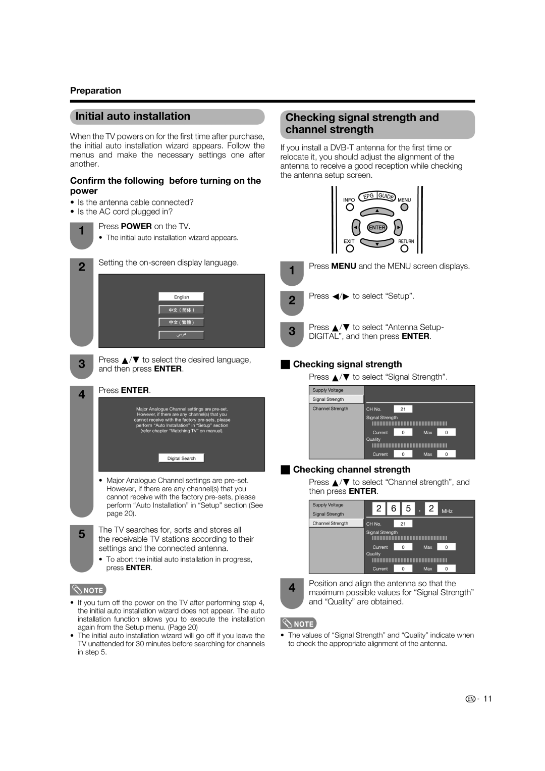 Sharp LC-65RX1X Initial auto installation, Checking signal strength and channel strength, Checking channel strength 