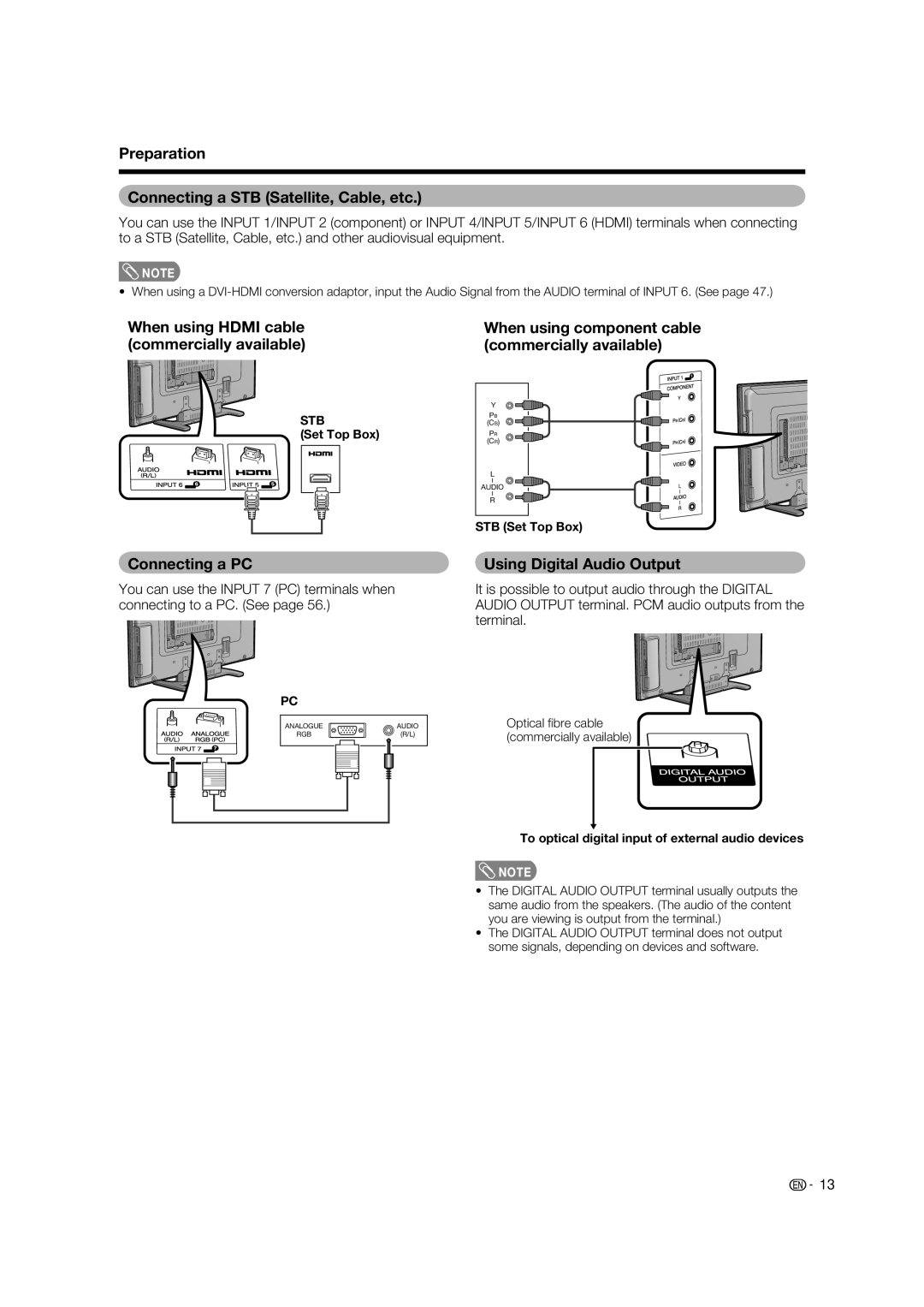 Sharp LC-65RX1X Preparation Connecting a STB Satellite, Cable, etc, Connecting a PC, Using Digital Audio Output 