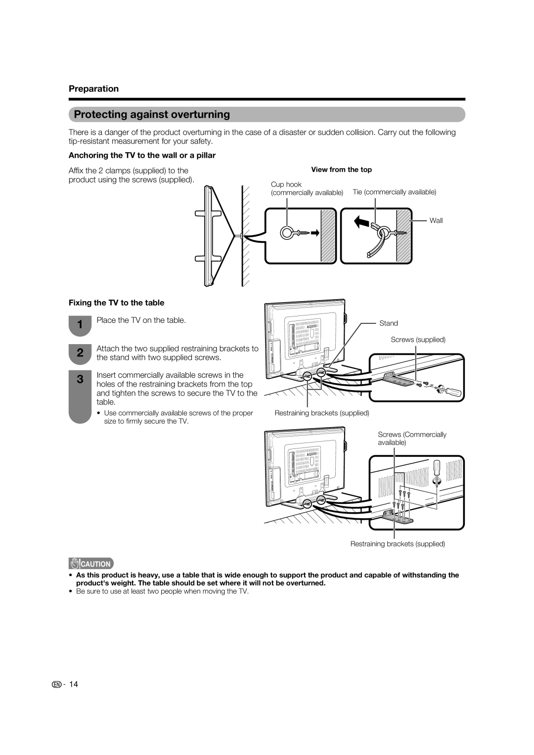 Sharp LC-65RX1X Protecting against overturning, Anchoring the TV to the wall or a pillar, Fixing the TV to the table 